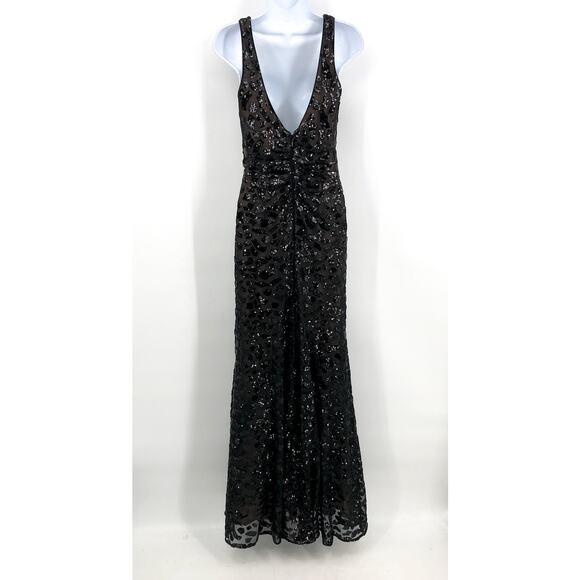 DRESS THE POPULATION Sequin Ruffle Slit Maxi Dress Small Black Leopard NWOT - Picture 4 of 7